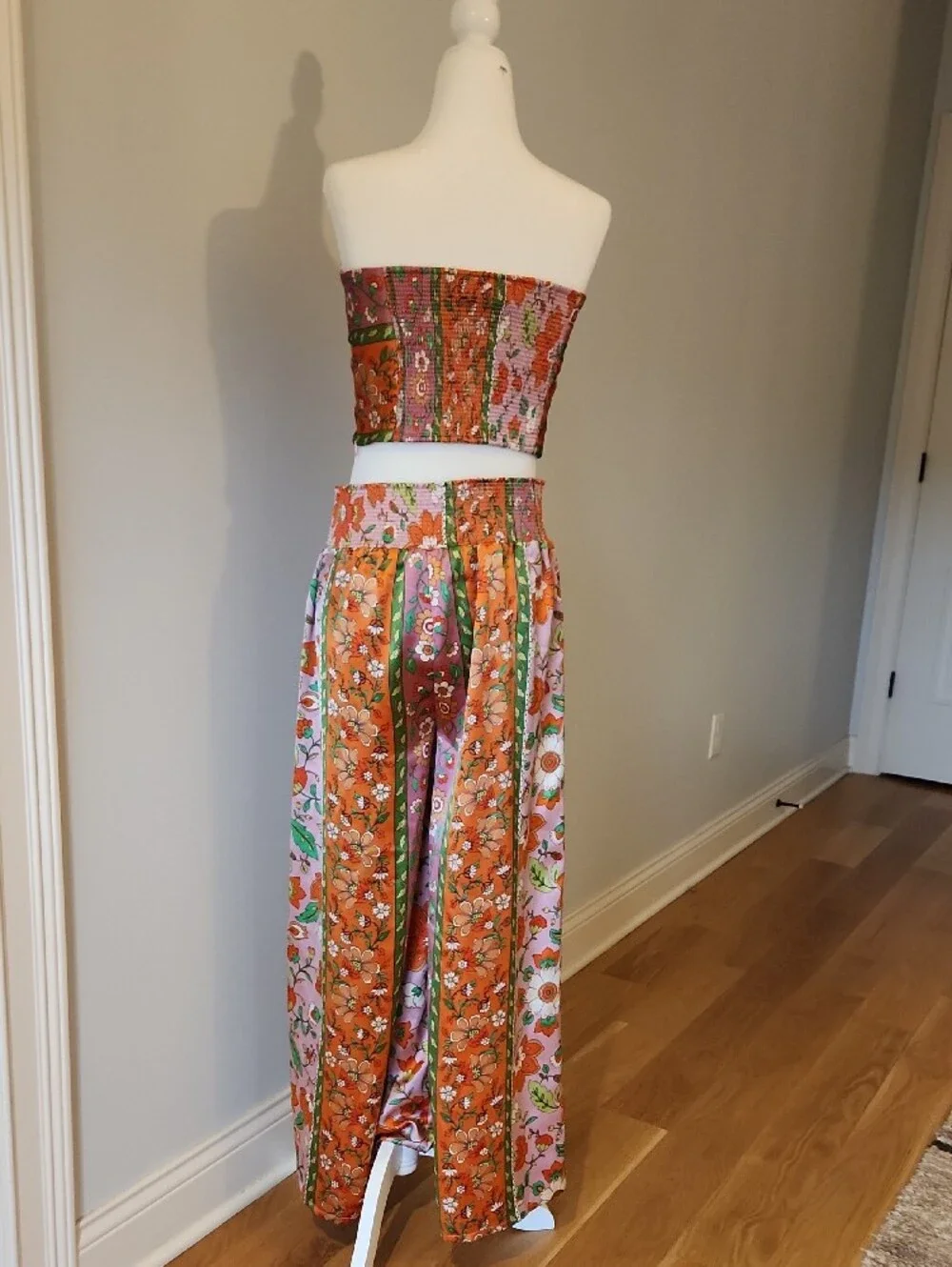 House of Harlow 1960 Orange Floral Strapless Jumpsuit with Pink & Green Panels